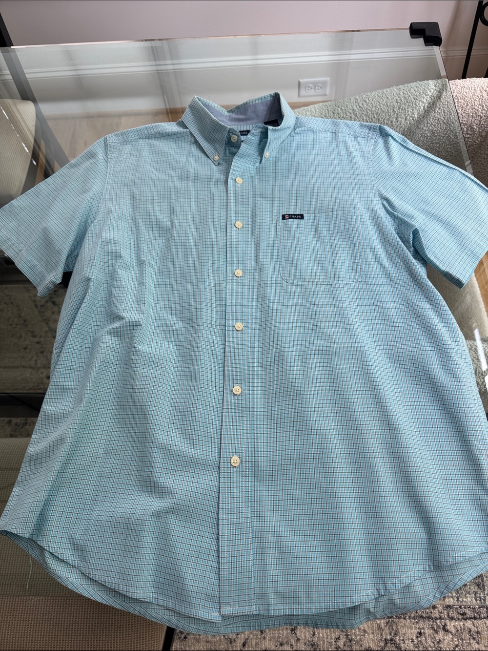 Chaps Men's Light Blue Checked Short-Sleeve Button-Down Shirt